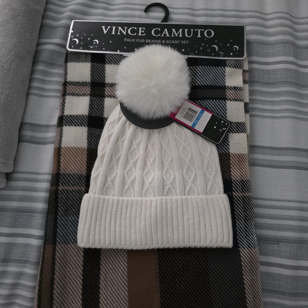 Vince Camuto Cream Beanie and Plaid Scarf Set